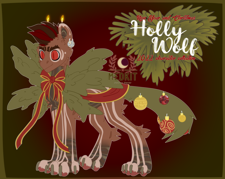 Size: 2402x1906 | Tagged: safe, artist:medkit, derpibooru import, oc, oc:airo, ponified, unofficial characters only, earth pony, hybrid, original species, pony, wolf, accessories, adoptable, big eyes, bow, branches, candle, chest fluff, christmas, christmas ornament, christmas tree, christmas tree toys, claws, coat markings, colored lineart, colored paws, ear fluff, ear piercing, earring, earth pony oc, eyebrows, eyes open, facial markings, fir branch, fir tree, fire, fluffy, fur, gradient background, high res, holiday, image, jewelry, long tail, multicolored coat, old art, paw pads, paws, piercing, png, red eyes, reference sheet, ribbon, short mane, signature, slit pupils, smiling, solo, standing, striped, tail, thick eyebrows, title, tree, two toned mane, wall of tags, wick