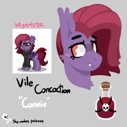 Size: 1500x1500 | Tagged: safe, artist:myahster, derpibooru import, oc, oc:vileconcoction, unofficial characters only, bat pony, pony, pony town, bust, chest fluff, cutie mark, ear fluff, fangs, image, png, potion, reference sheet