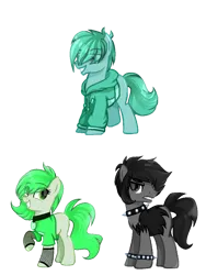 Size: 768x1024 | Tagged: safe, artist:diniarvegafinahar, derpibooru import, part of a set, earth pony, pony, alphabet lore, angry, bracelet, choker, clothes, collar, d, e, f, female, image, jacket, male, mare, png, raised hoof, rule 63, simple background, smiling, spiked choker, spiked wristband, stallion, transparent background, trio, wristband