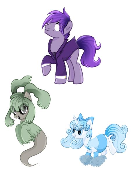 Size: 1631x2174 | Tagged: safe, artist:diniarvegafinahar, derpibooru import, part of a set, earth pony, ghost, ghost pony, pony, undead, unicorn, alphabet lore, bow, clothes, female, g, h, i, image, looking at you, male, mare, open mouth, pigtails, png, pom pom, raised hoof, rule 63, skirt, stallion, topwear, trio