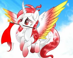 Size: 1508x1187 | Tagged: safe, artist:diniarvegafinahar, derpibooru import, oc, oc:indonisty, ponified, unofficial characters only, alicorn, pony, cloud, colored wings, curved horn, female, flag, gradient hooves, gradient wings, horn, image, indonesia, jpeg, mare, mouth hold, nation ponies, sky, smiling, solo, wings