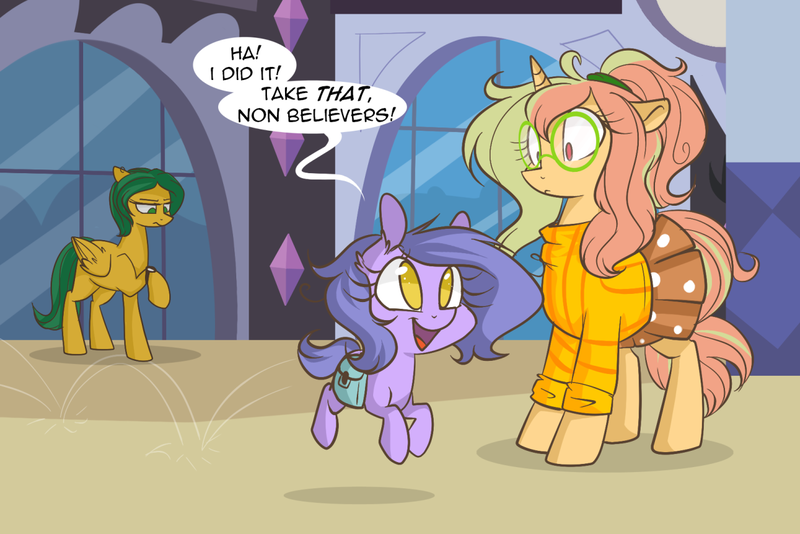 Size: 1280x854 | Tagged: safe, artist:lolepopenon, derpibooru import, oc, oc:billie, earth pony, pegasus, pony, unicorn, ask billie the kid, ask, clothes, glasses, image, png, skipping, skirt, watch