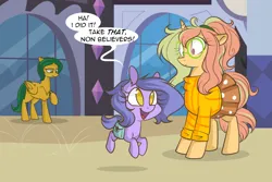Size: 1280x854 | Tagged: safe, artist:lolepopenon, derpibooru import, oc, oc:billie, earth pony, pegasus, pony, unicorn, ask billie the kid, ask, clothes, glasses, image, png, skipping, skirt, watch