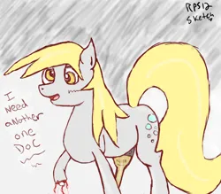 Size: 800x700 | Tagged: semi-grimdark, artist:ray-pemmburge, derpibooru import, derpy hooves, pony, 15 minute art challenge, amputee, blood, bone, dialogue, female, g4, image, jpeg, mare, missing limb, open mouth, peg leg, prosthetic leg, prosthetic limb, prosthetics, sketch, solo, tail, wingless