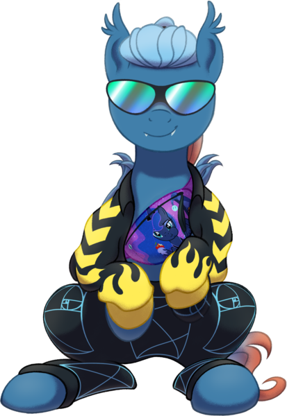 Size: 1100x1600 | Tagged: safe, alternate version, artist:crystalightx, derpibooru import, princess luna, oc, oc:nightforce, unofficial characters only, bat pony, pony, bag, bat flex, bat pony oc, bat wings, claws, clothes, ear tufts, fangs, female, glasses, golden ratio, image, mare, png, ponybooru collab 2022, ponytail, shoulder bag, simple background, smiling, solo, tattoo, tracksuit, transparent background, wing claws, wings