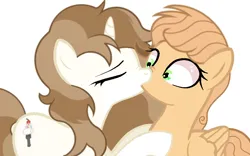 Size: 922x576 | Tagged: artist needed, safe, derpibooru import, oc, oc:calamityy, oc:fluffymarsh, pegasus, pony, unicorn, base used, brown mane, cute, eyes closed, female, food, green eyes, image, kiss on the lips, kissing, lesbian, making out, mare, marshmallow, oc x oc, png, shipping, show accurate, simple background, surprise kiss, surprised