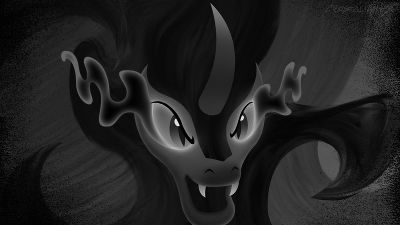 Size: 2489x1400 | Tagged: safe, alternate version, artist:crystalightx, derpibooru import, king sombra, pony, umbrum, unicorn, black and white, derpibooru exclusive, fangs, glow, glowing eyes, grayscale, horn, image, jpeg, male, monochrome, shadow, solo