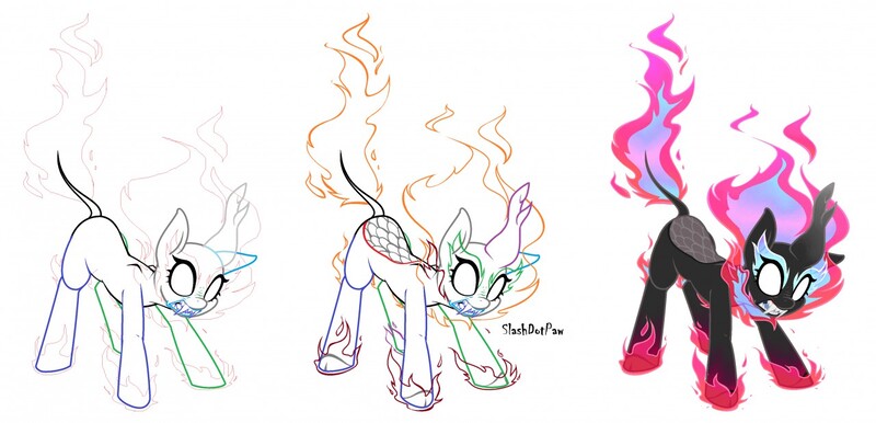 Size: 1280x618 | Tagged: safe, artist:slashdotpaw, derpibooru import, oc, unofficial characters only, kirin, nirik, burning, cloven hooves, digital art, fire, fire hair, how to draw, image, jpeg, outline, sketch, tutorial, white eyes