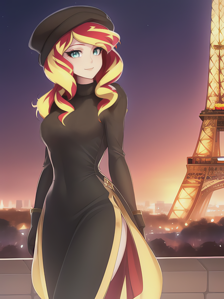 Size: 1020x1360 | Tagged: safe, derpibooru import, editor:sammykun, machine learning assisted, machine learning generated, novelai, stable diffusion, sunset shimmer, human, beautiful, beret, black clothes, black dress, breasts, busty sunset shimmer, clothes, dress, eiffel tower, fence, full body, hat, humanized, image, lights, long sleeves, looking at you, night, paris, png, sexy, sweater, turtleneck