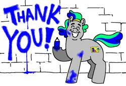 Size: 1280x875 | Tagged: safe, artist:msponies, derpibooru import, oc, unofficial characters only, earth pony, pony, brick wall, eyes closed, grin, happy, image, male, ms paint, png, raised hoof, smiling, spray can, spray paint, stain, stallion, tail, thank you