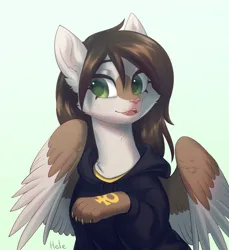 Size: 1175x1280 | Tagged: safe, derpibooru import, oc, oc:desert courage, oc:sericulum fira, unofficial characters only, sphinx, brown mane, clothes, green eyes, hoodie, image, jpeg, looking at you, markings, simple background, solo, sphinx oc, spread wings, tattoo, teal background, wings