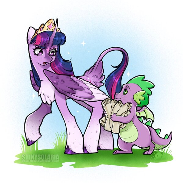 Size: 2048x2048 | Tagged: safe, artist:shinysolaria, derpibooru import, spike, twilight sparkle, twilight sparkle (alicorn), alicorn, dragon, pony, alternate design, chest fluff, colored wings, crown, duo, image, jewelry, jpeg, leonine tail, multicolored wings, regalia, scroll, tail, tail feathers, winged spike, wings