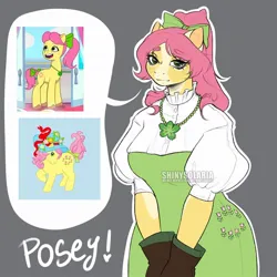 Size: 1080x1080 | Tagged: safe, artist:shinysolaria, derpibooru import, posey (g5), anthro, earth pony, bow, clothes, dress, female, g5, gloves, hair bow, image, jewelry, jpeg, necklace, ponytail, screencap reference, solo