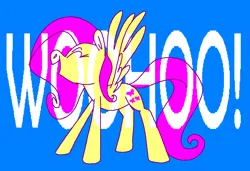 Size: 1296x886 | Tagged: safe, artist:msponies, derpibooru import, fluttershy, pegasus, pony, blue background, eyes closed, female, g4, image, mare, ms paint, open mouth, open smile, png, simple background, smiling, spread wings, wings, woohoo