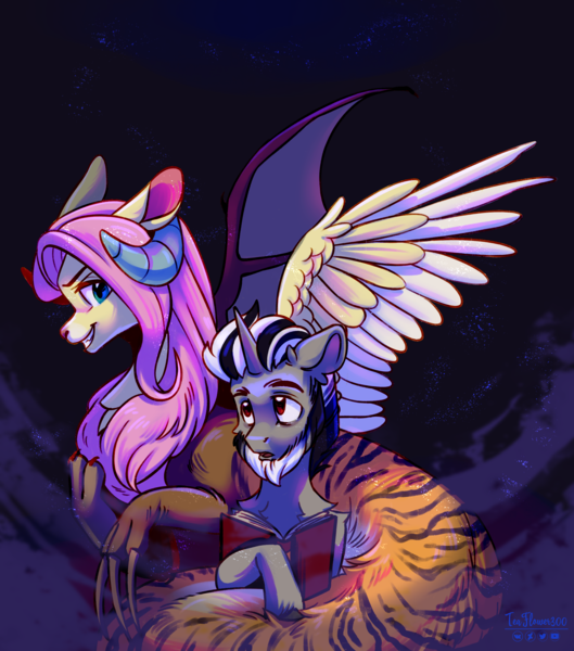 Size: 2784x3155 | Tagged: safe, artist:teaflower300, derpibooru import, discord, fluttershy, draconequus, pony, unicorn, beard, book, coils, commission, draconequified, duo, duo male and female, facial hair, female, flutterequus, grin, high res, image, male, png, pony discord, signature, smiling, species swap, spread wings, wings