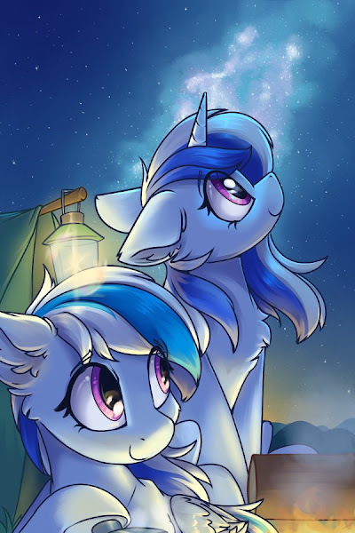 Size: 400x600 | Tagged: safe, artist:ravistdash, derpibooru import, oc, oc:ravist, pegasus, unicorn, bonfire, cheek fluff, chest fluff, cute, ear fluff, fire, fireplace, happy, image, jpeg, lamp, looking at something, sky, smiling, stargazing, stars