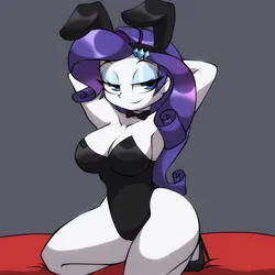 Size: 1550x1550 | Tagged: suggestive, artist:skylight, derpibooru import, rarity, human, equestria girls, alternative cutie mark placement, arm behind head, big breasts, blue eyes, bowtie, breasts, bunny ears, bunny suit, busty rarity, cleavage, clothes, collar, curly hair, eyebrows, eyelashes, eyeshadow, hairpin, high heels, image, kneeling, lidded eyes, looking at you, makeup, png, shoes, smiling, smirk, solo, spread legs, spreading, unitard