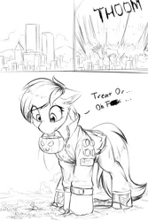 Size: 1200x1800 | Tagged: safe, artist:ravistdash, derpibooru import, oc, oc:ravist, unofficial characters only, pegasus, pony, accident, apologetic, candy, cheek fluff, chest fluff, city, cityscape, clothes, crush fetish, crushing, destruction, ear fluff, fetish, floppy ears, food, giant pony, image, jpeg, looking at something, looking down, macro, macro/micro, micro, monochrome, pumpkin, pumpkin bucket, solo, solo focus