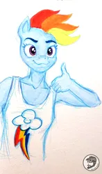 Size: 1532x2610 | Tagged: safe, artist:invalid-david, derpibooru import, rainbow dash, anthro, g4, image, jpeg, painting, ponytober 2022, sketchbook, solo, traditional art, wingless, wingless anthro