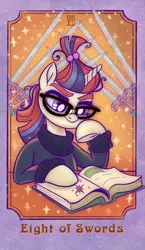 Size: 592x1024 | Tagged: safe, artist:sophillia, derpibooru import, moondancer, pony, unicorn, book, female, glasses, hoof on chin, image, jpeg, mare, reading, studying, tarot card