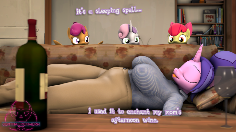 Size: 1920x1080 | Tagged: suggestive, artist:senthaurekmern, apple bloom, cookie crumbles, scootaloo, sweetie belle, anthro, earth pony, pegasus, plantigrade anthro, unicorn, series:sweetie's sleepy spell, 3d, alcohol, clothes, couch, cutie mark crusaders, dialogue, english, female, glass, image, png, roofie, sleeping, sweater, tight clothing, tongue out, wine, wine glass
