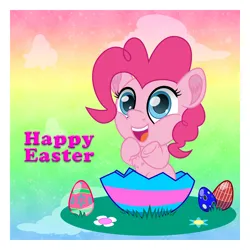 Size: 2500x2500 | Tagged: safe, artist:spellboundcanvas, derpibooru import, pinkie pie, earth pony, pony, chibi, commission, easter, easter egg, egg, eggshell, female, holiday, image, jpeg, mare, solo, ych result