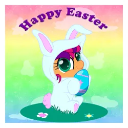 Size: 2500x2500 | Tagged: safe, artist:spellboundcanvas, derpibooru import, sunny starscout, earth pony, pony, bunny ears, bunny suit, chibi, clothes, commission, easter, easter egg, egg, female, g5, holiday, image, jpeg, mare, solo, sunny bunny, ych result