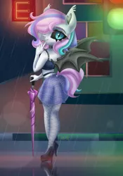 Size: 3500x5000 | Tagged: safe, artist:irinamar, derpibooru import, oc, oc:wet dream, unofficial characters only, anthro, bat pony, :p, bat pony oc, bat wings, black sclera, choker, clothes, commission, fangs, fishnets, high heels, image, jpeg, looking at you, multicolored mane, pastel goth, rain, shoes, signature, skirt, slit pupils, socks, solo, spread wings, stiletto heels, striped socks, thigh highs, tongue out, umbrella, wings, ych result