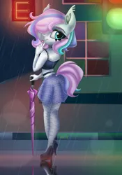 Size: 3500x5000 | Tagged: safe, artist:irinamar, derpibooru import, oc, oc:wet dream, unofficial characters only, anthro, bat pony, earth pony, :p, blue eyes, choker, clothes, commission, earth pony oc, fishnets, high heels, image, jpeg, looking at you, multicolored mane, pastel goth, rain, shoes, signature, skirt, socks, solo, spread wings, stiletto heels, striped socks, thigh highs, tongue out, umbrella, wings, ych result