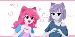 Size: 1280x640 | Tagged: safe, artist:sholechbrony, derpibooru import, maud pie, pinkie pie, human, equestria girls, duo, eared humanization, excited, female, heart, heart hands, humanized, image, jpeg, open mouth, open smile, siblings, signature, sisters, smiling, sparkles