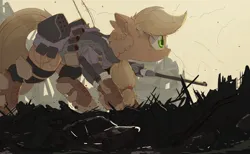 Size: 2048x1262 | Tagged: safe, artist:ncmares, derpibooru import, applejack, pony, tank pony, apple, cannon, colored, destruction, food, giant apple, giant pony, image, jpeg, looking at something, macro, micro, missile launcher, rubble, soldier, soldier pony, war