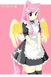 Size: 2000x3000 | Tagged: safe, artist:sholechbrony, derpibooru import, fluttershy, human, equestria girls, blushing, clothes, eared humanization, female, fluttermaid, hands together, humanized, image, maid, pink background, png, signature, simple background, solo, winged humanization, wings