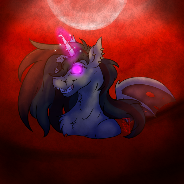 Size: 1000x1000 | Tagged: semi-grimdark, artist:drawingkitty24, derpibooru import, oc, oc:scythe, alicorn, bat pony, bat pony oc, bat wings, bloodmoon, crazy face, ear piercing, faic, image, insanity, magic, magic aura, piercing, png, sharp teeth, skull, teeth, wings