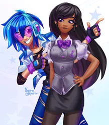 Size: 3514x4050 | Tagged: safe, artist:kyurochurro, derpibooru import, octavia melody, vinyl scratch, human, clothes, dark skin, duo, female, fingerless gloves, gloves, grin, hand on hip, humanized, image, png, signature, simple background, smiling, stars, tan skin, white background
