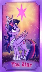 Size: 1186x2048 | Tagged: safe, artist:sophillia, derpibooru import, twilight sparkle, twilight sparkle (alicorn), alicorn, pony, female, image, jewelry, jpeg, looking back, mare, regalia, solo, tarot card, twilight sparkle's cutie mark