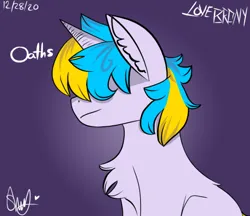 Size: 646x559 | Tagged: safe, artist:lonebrony, derpibooru import, oc, oc:oathkeeper, unofficial characters only, pony, unicorn, back fluff, bangs, blue mane, chest fluff, digital art, ear fluff, hair covering face, hair over eyes, horn, image, png, signature, simple background, solo, unicorn oc, yellow mane