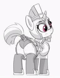 Size: 664x866 | Tagged: safe, artist:pabbley, derpibooru import, edit, pony, unicorn, armor, butt, butt freckles, clothes, cute, female, freckles, grayscale, guardsmare, helmet, image, jpeg, mare, monochrome, panties, partial color, plot, royal guard, simple background, skirt, solo, underwear, upskirt, white background