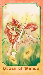 Size: 1186x2048 | Tagged: safe, artist:sophillia, derpibooru import, autumn blaze, kirin, female, flower, image, jpeg, open mouth, open smile, smiling, solo, tarot card