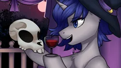 Size: 1280x720 | Tagged: grimdark, artist:magicstarfriends, derpibooru import, oc, oc:moonlit silver, unicorn, alcohol, detailed background, eyeshadow, glass, gradient mane, gray coat, grimcute, hat, horn, image, makeup, moon, night, open mouth, png, skull, smiling, unicorn oc, wine, wine glass, witch, witch hat