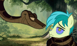 Size: 900x547 | Tagged: safe, artist:ocean lover, derpibooru import, sandbar, earth pony, python, snake, bush, coils, cute, disney, forest, forest background, gif, hypno eyes, hypnosis, hypnotized, image, jungle, kaa, leaves, looking at each other, looking at someone, male, path, smiling, smirk, squeeze, teenager, the jungle book, tree, two toned mane, wrapped up