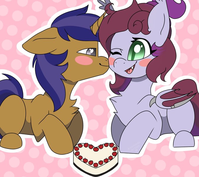 Size: 2048x1820 | Tagged: safe, derpibooru import, oc, oc:jade jump, oc:lunar spice, unofficial characters only, bat pony, unicorn, anniversary art, cake, commission, food, image, jadespice, jpeg, kiss on the cheek, kissing, shipping