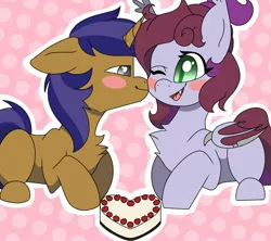 Size: 2048x1820 | Tagged: safe, derpibooru import, oc, oc:jade jump, oc:lunar spice, unofficial characters only, bat pony, unicorn, anniversary art, cake, commission, food, image, jadespice, jpeg, kiss on the cheek, kissing, shipping