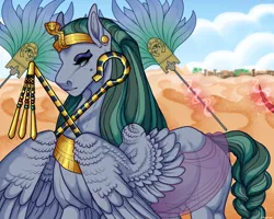Size: 1250x1000 | Tagged: safe, artist:snowberry, derpibooru import, pegasus, pony, unicorn, ancient egypt, braid, braided tail, building, clothes, cloud, crook, ear piercing, earring, egyptian, eye of horus, eyeliner, eyeshadow, fan, feather, flail, gold, headress, hedju-hor, image, jewelry, levitation, magic, makeup, male, mole, nudity, offscreen character, outdoors, pharaoh, piercing, png, pyramid, regalia, sand, see-through, sheath, sky, solo, stallion, tail, telekinesis, tree, two toned mane, weapon, wing hold, wings
