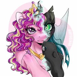 Size: 1440x1440 | Tagged: safe, artist:shinysolaria, derpibooru import, princess cadance, queen chrysalis, alicorn, changeling, changeling queen, pony, fake cadance, female, image, jpeg, mid-transformation, simple background, solo, two sides, white background