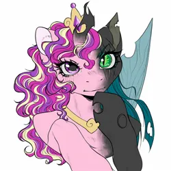 Size: 1440x1440 | Tagged: safe, alternate version, artist:shinysolaria, derpibooru import, princess cadance, queen chrysalis, alicorn, changeling, changeling queen, pony, fake cadance, female, image, jpeg, mid-transformation, simple background, solo, two sides, white background