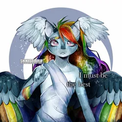 Size: 1440x1440 | Tagged: safe, artist:shinysolaria, derpibooru import, part of a set, rainbow dash, anthro, pegasus, clothes, colored wings, ear piercing, female, head wings, image, industrial piercing, jpeg, multicolored wings, piercing, rainbow wings, see-through, solo, starry eyes, wingding eyes, wings