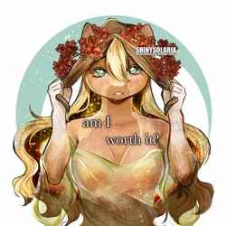Size: 1440x1440 | Tagged: safe, artist:shinysolaria, derpibooru import, part of a set, applejack, anthro, earth pony, cloth, clothes, female, floral head wreath, flower, image, jpeg, loose hair, see-through, solo
