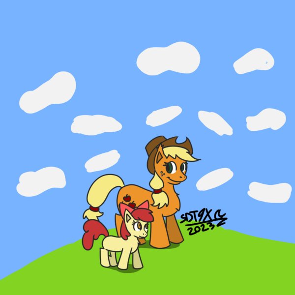 Size: 900x900 | Tagged: safe, artist:sdtwilan9x, derpibooru import, apple bloom, applejack, earth pony, duo, female, image, png, siblings, signature, sisters