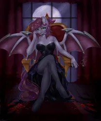 Size: 2500x3000 | Tagged: suggestive, artist:alicesmitt31, derpibooru import, oc, oc:jade jump, unofficial characters only, anthro, bat pony, undead, vampire, blade, commission, image, png, sitting, weapon, wingblade