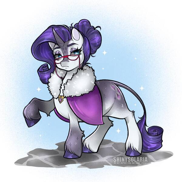 Size: 1440x1440 | Tagged: safe, artist:shinysolaria, derpibooru import, rarity, pony, unicorn, alternate design, alternate hairstyle, capelet, coat markings, glasses, image, jpeg, leonine tail, lidded eyes, raised hoof, redesign, solo, tail, twitterina design, watermark